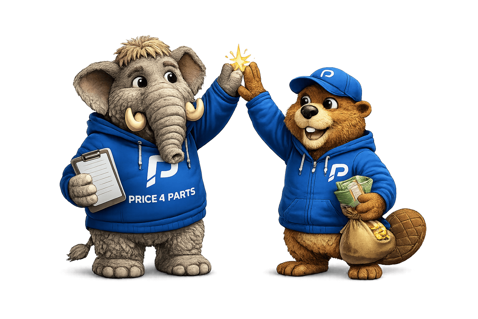Price4Parts elephant and beaver mascots celebrating a partnership