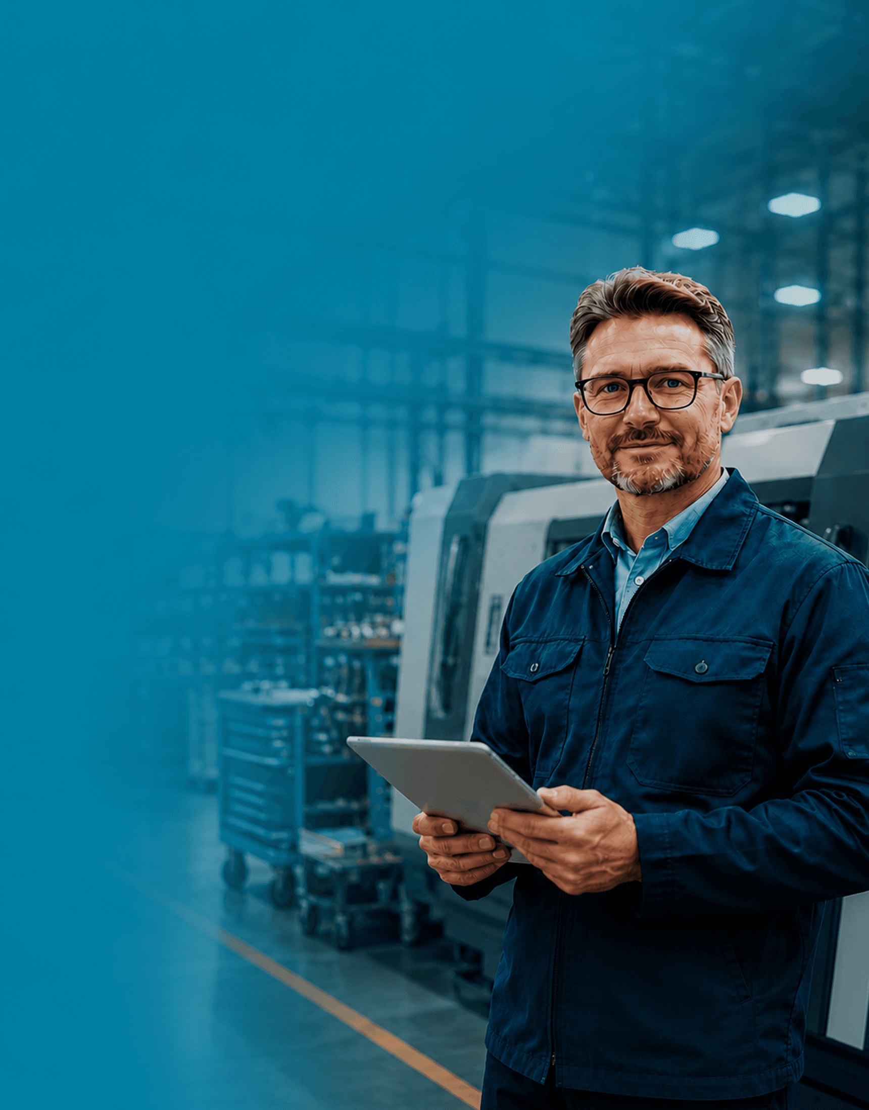 Manufacturing professional holding a tablet in a modern CNC factory