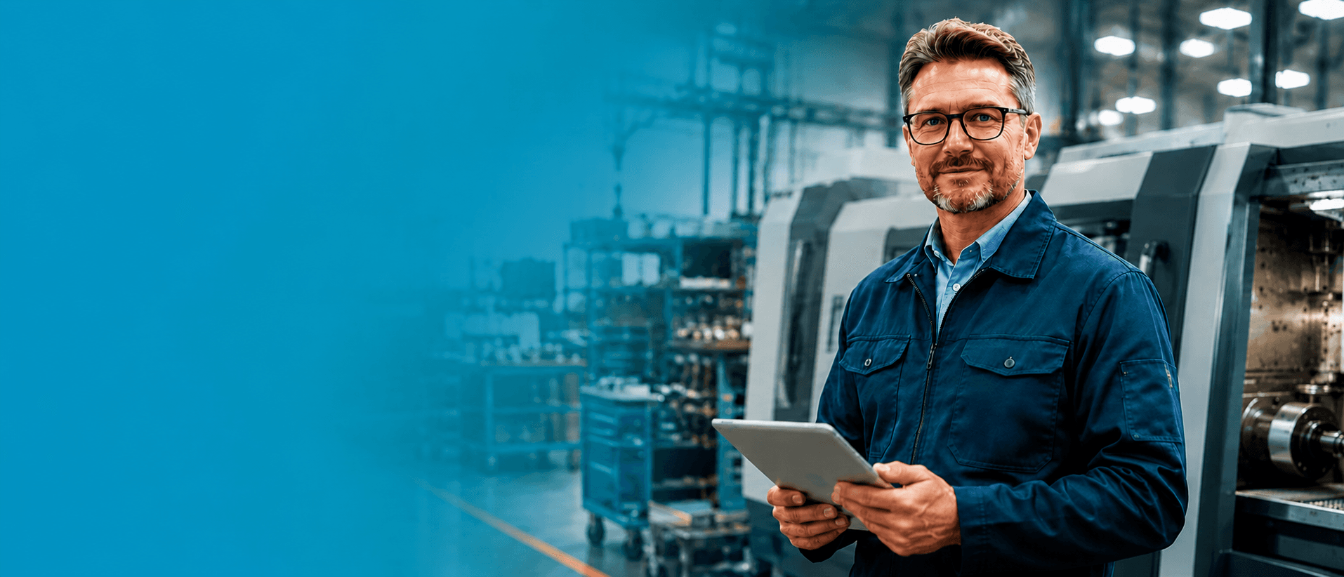 Manufacturing professional holding a tablet in a modern CNC factory