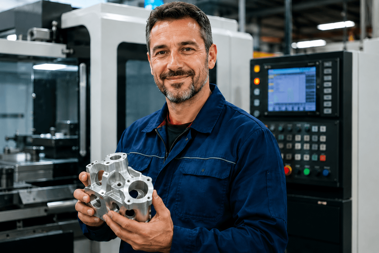 Manufacturing professional holding a precision machined part in a CNC factory