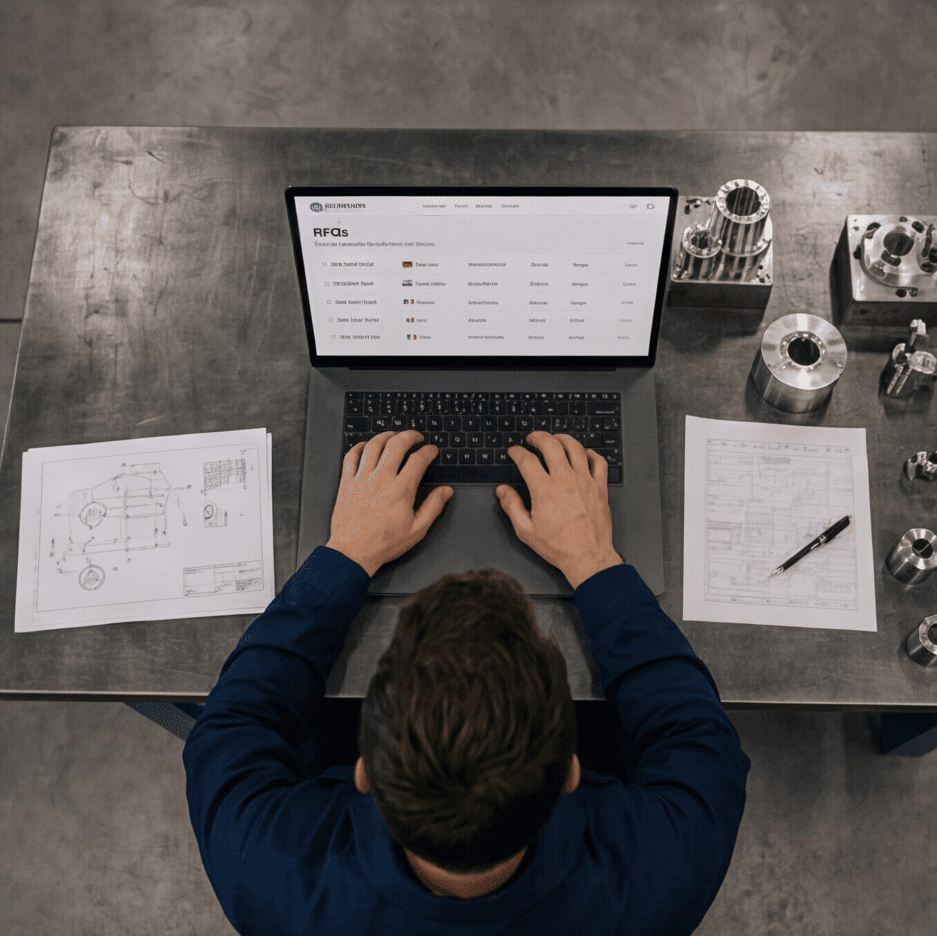 Engineer reviewing technical drawings at a laptop
