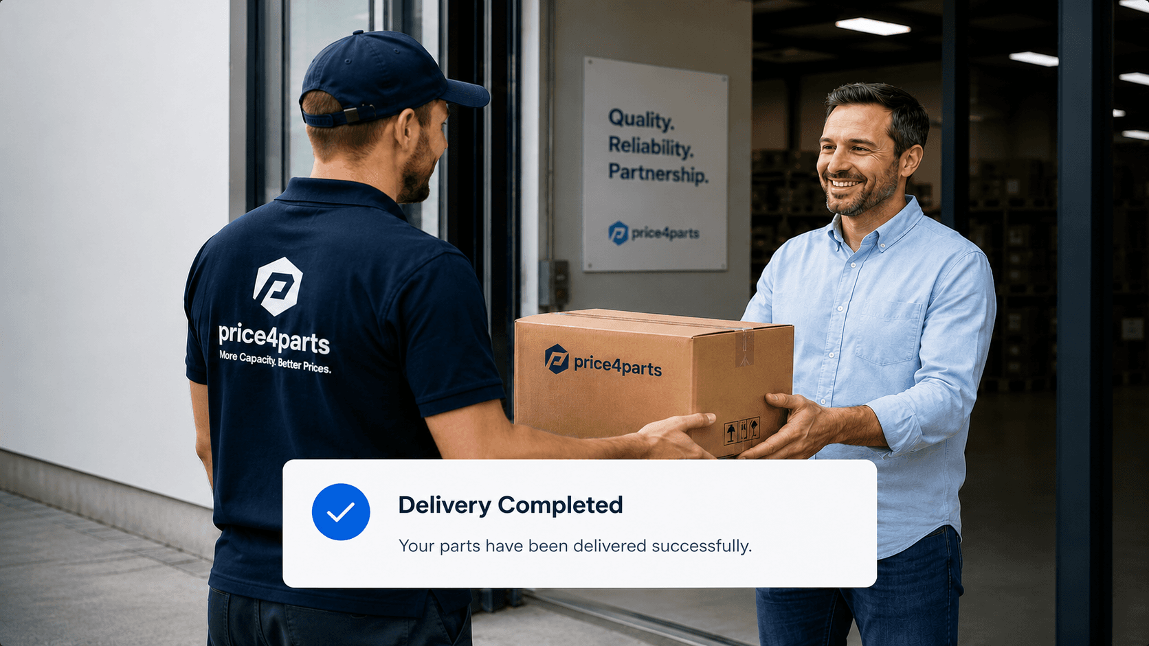 Delivery completed — buyer receiving parts from supplier