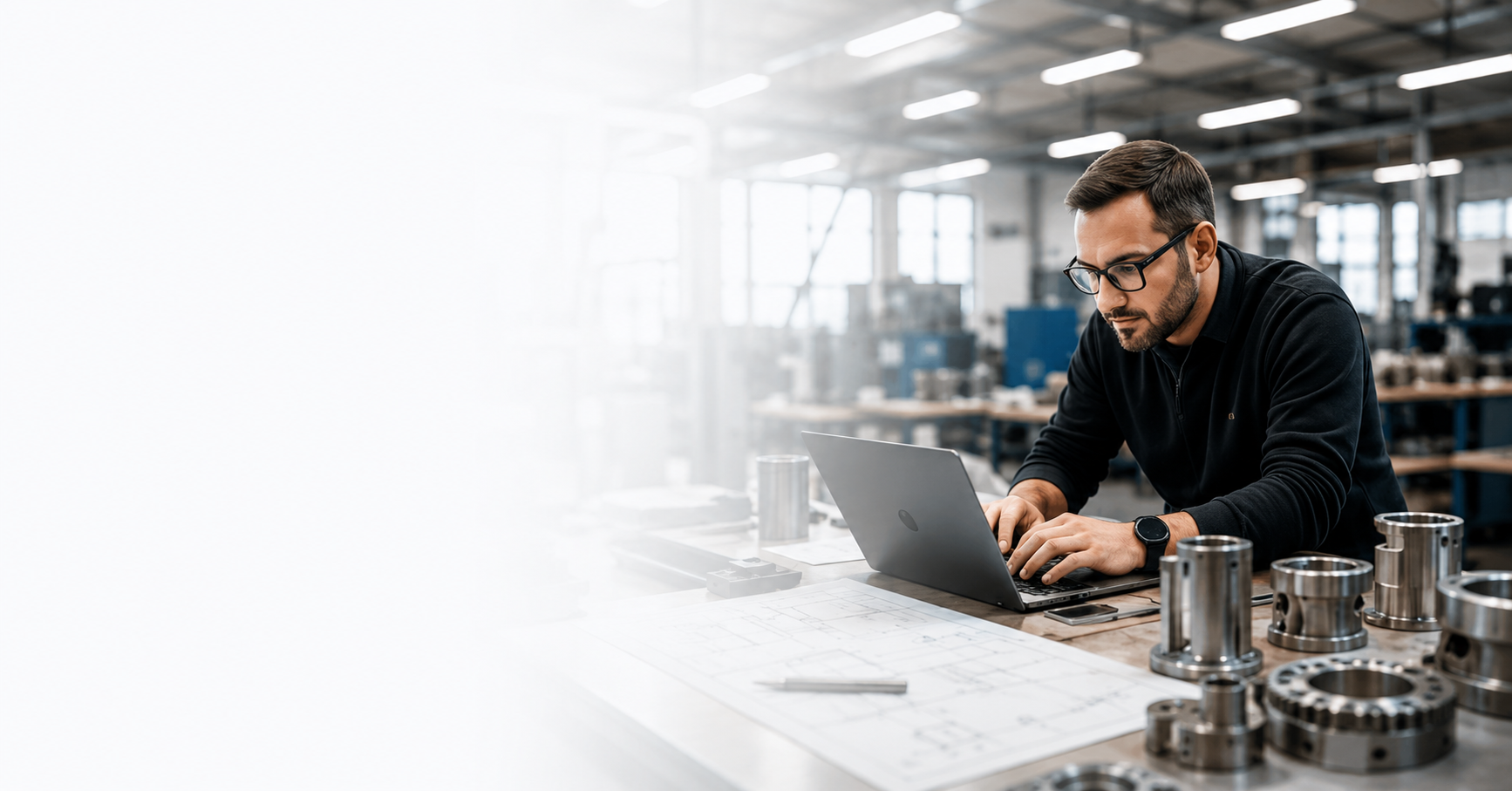 Manufacturing professional reviewing parts and capacity on a laptop in a workshop